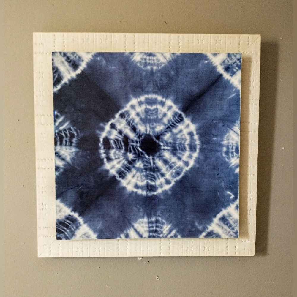 Unique Vintage Wall Art - Tye-Dyed Cobalt Print - Set on White Wooden Frame